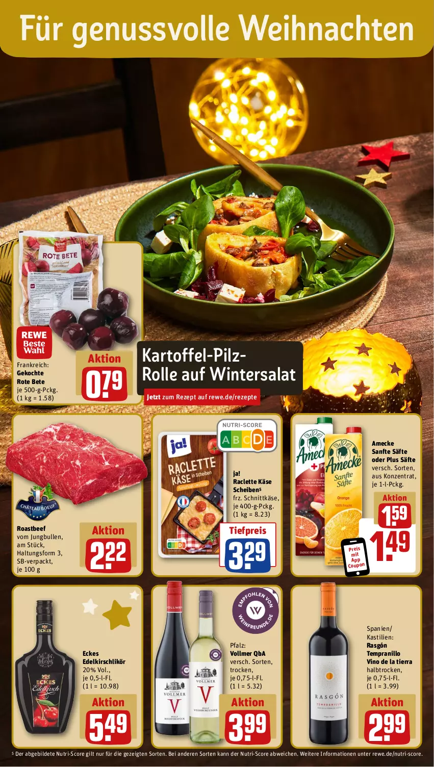 Aktueller Prospekt Rewe - Prospekte - von 11.12 bis 16.12.2023 - strona 4 - produkty: amecke, asti, beef, coupon, eis, jungbullen, kartoffel, Käse, kirsch, Kirschlikör, likör, nuss, Raclette Käse, reis, rezept, rezepte, roastbeef, rote bete, säfte, salat, schnittkäse, tempranillo, Ti, tiefpreis, weihnachten