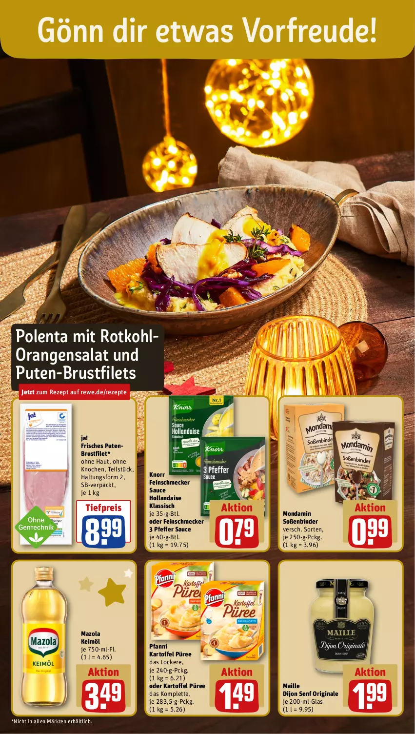 Aktueller Prospekt Rewe - Prospekte - von 11.12 bis 16.12.2023 - strona 6 - produkty: brustfilet, Dijon Senf, eis, feinschmecker, filet, filets, gin, hollandaise, kartoffel, keimöl, knorr, maille, mazola, mondamin, orange, orangen, pfanni, pfeffer, püree, pute, putenbrust, putenbrustfilet, reis, rezept, rezepte, rotkohl, salat, sauce, sauce hollandaise, senf, Soße, Ti, tiefpreis