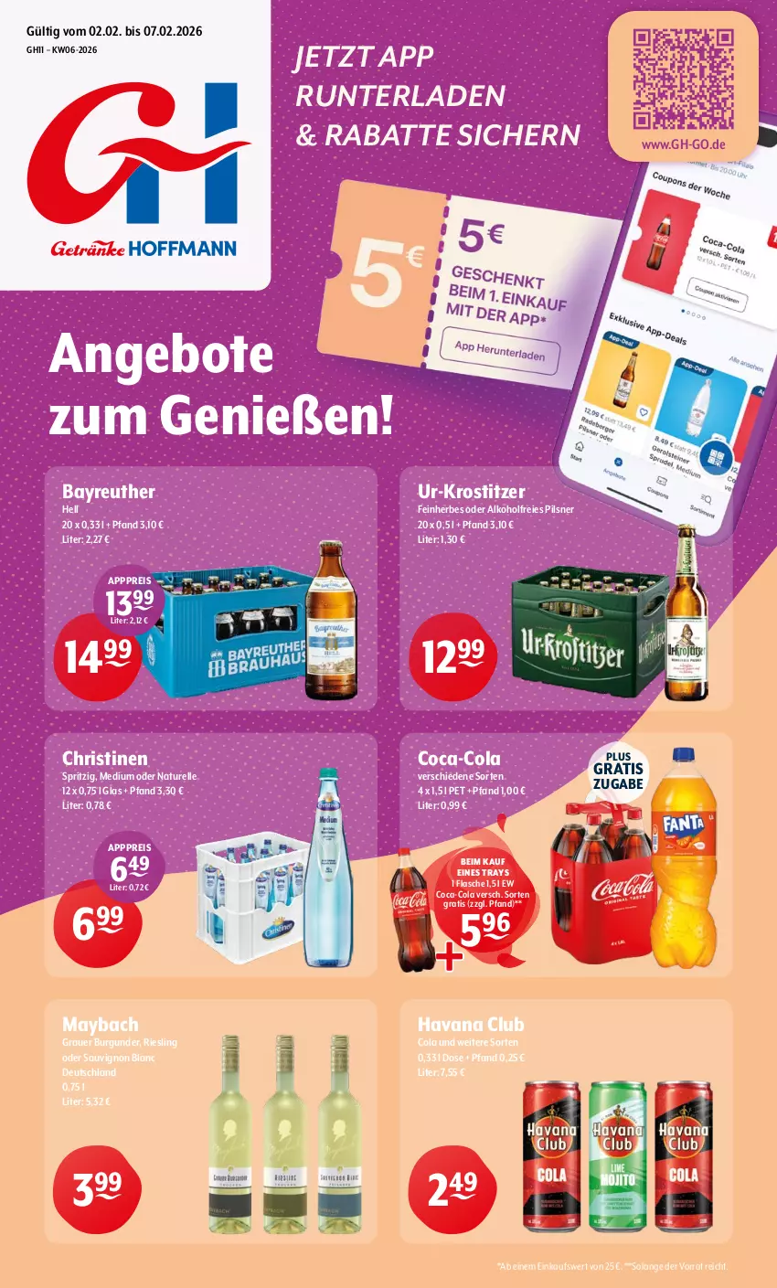 Aktueller Prospekt Getraenke Hoffmann - Prospekte - von 02.02 bis 07.02.2026 - strona 1 - produkty: alkohol, angebot, angebote, auer, burgunder, coca-cola, cola, eis, elle, flasche, grauer burgunder, Havana Club, maybach, natur, pils, pilsner, reis, rel, riesling, sauvignon, sauvignon blanc, Ti