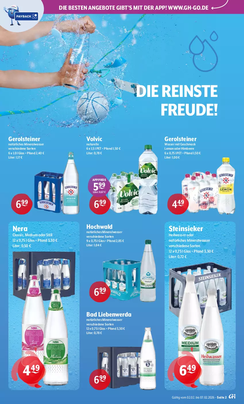 Aktueller Prospekt Getraenke Hoffmann - Prospekte - von 02.02 bis 07.02.2026 - strona 2 - produkty: Alwa, angebot, angebote, Bad, Bad Liebenwerda, beere, eis, elle, gerolsteine, gerolsteiner, himbeer, himbeere, hochwald, mac, mineralwasser, natur, natürliches mineralwasser, reis, rel, steiner, Steinsieker, Ti, volvic, wasser