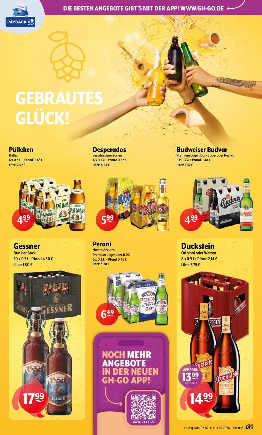 Aktueller Prospekt Getraenke Hoffmann - Prospekte - von 02.02 bis 07.02.2026 - strona 6 - produkty: angebot, angebote, budweiser, desperados, Duck, eis, elle, Gessner, gin, Peroni, reis, Ti