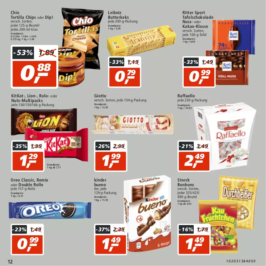 Aktueller Prospekt Real - von 05.09 bis 10.09.2022 - strona 12 - produkty: beutel, bonbons, butter, butterkeks, chips, dip, eis, giotto, kakao, keks, Kinder, kinder bueno, kitkat, leibniz, lion, nuss, oreo, raffaello, reis, ritter, ritter sport, schoko, schokolade, Sport, storck, tafelschokolade, Ti, tortilla, Tortilla Chips