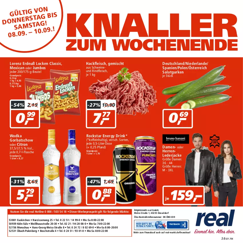 Aktueller Prospekt Real - von 05.09 bis 10.09.2022 - strona 24 - produkty: beutel, bosch, drink, eis, elle, energy drink, flasche, fleisch, Gorbatschow, gurke, gurken, hackfleisch, Jacke, jumbo, LG, lorenz, Metro, Narzissen, payback, reis, rind, rindfleisch, Rockstar, salat, Salatgurke, salatgurken, schwein, schweine, Ti, wein, weine, wodka