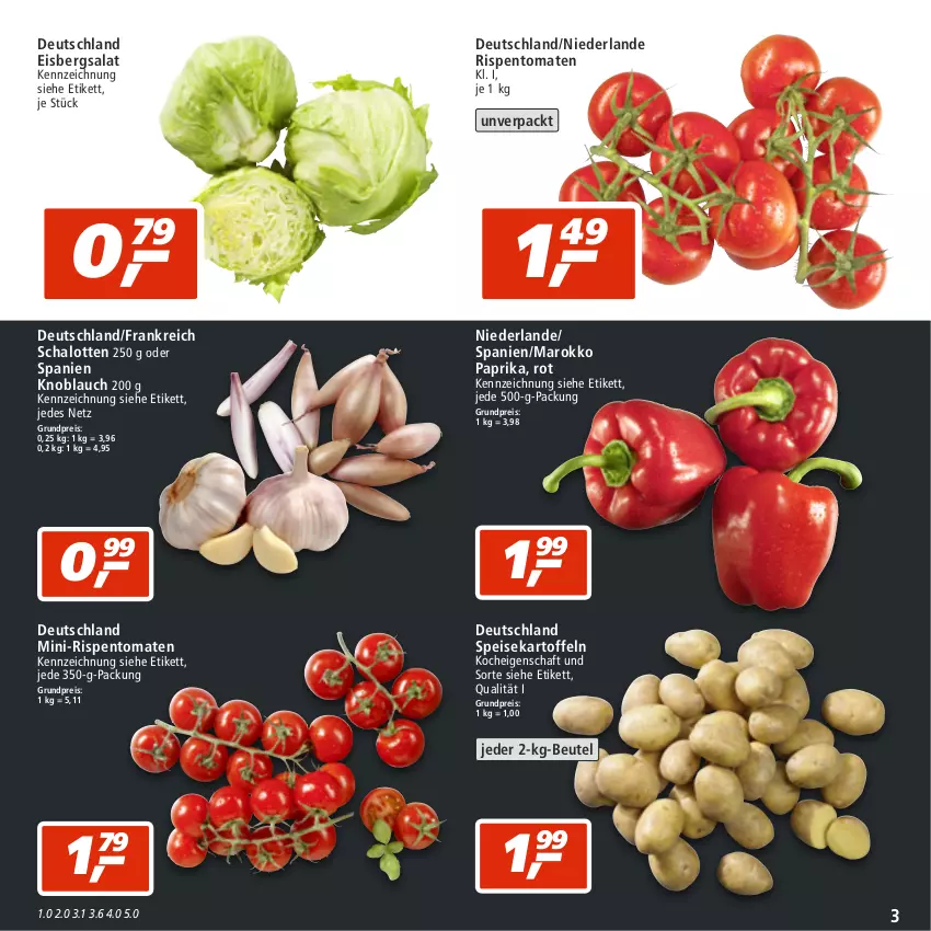 Aktueller Prospekt Real - von 05.09 bis 10.09.2022 - strona 3 - produkty: beutel, eis, eisbergsalat, kartoffel, kartoffeln, knoblauch, mini-rispentomaten, paprika, reis, rispentomaten, salat, Schal, Schalotte, speisekartoffeln, Ti, tomate, tomaten