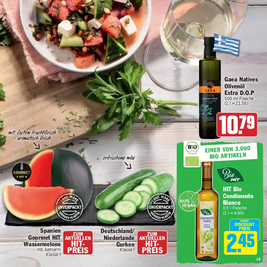 Aktueller Prospekt Hit - Prospekte - von 05.06 bis 24.06.2023 - strona 15 - produkty: auer, bio, condimento, Condimento Bianco, discount, eis, elle, flasche, fleisch, frucht, fruchtfleisch, gurke, gurken, melone, natives olivenöl, olive, oliven, olivenöl, olivenöl extra, reis, Ti, tisch, wasser, wassermelone