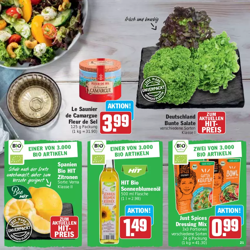 Aktueller Prospekt Hit - Prospekte - von 05.06 bis 24.06.2023 - strona 21 - produkty: bio, bio hit, blume, blumen, blumenöl, bunte salate, camargue, dressing, eis, elle, flasche, reis, salat, salate, Schal, Schale, sonnenblume, sonnenblumen, sonnenblumenöl, Ti, zitrone, zitronen