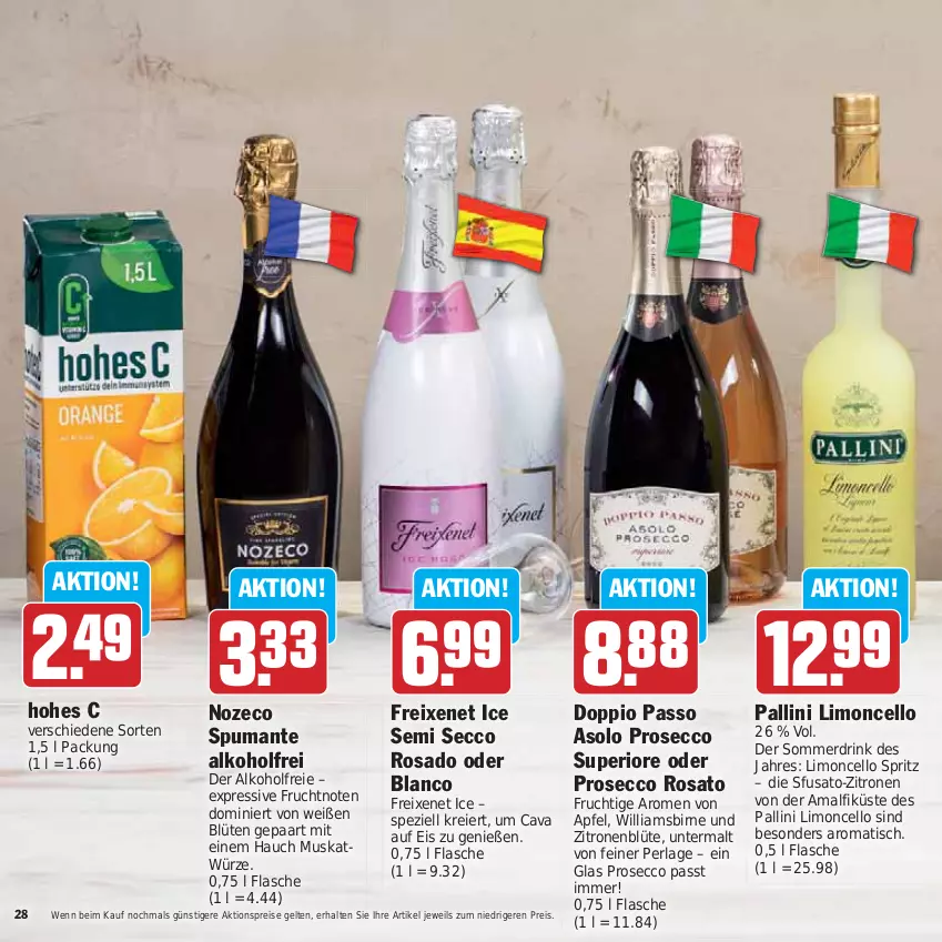 Aktueller Prospekt Hit - Prospekte - von 05.06 bis 24.06.2023 - strona 28 - produkty: aktionspreis, alkohol, apfel, Blüte, Cava, doppio passo, drink, ecco, eier, eis, flasche, freixenet, frucht, Hohes C, limo, passo, perla, prosecco, puma, reis, rosato, Spezi, spumante, Ti, tisch, zitrone, zitronen