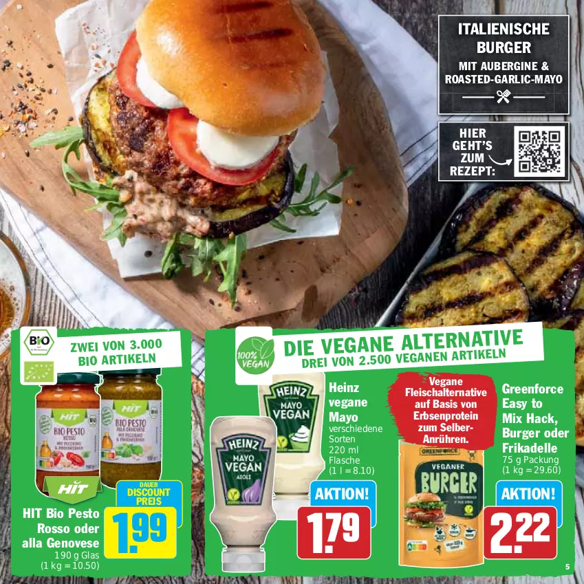 Aktueller Prospekt Hit - Prospekte - von 05.06 bis 24.06.2023 - strona 5 - produkty: aubergine, auer, bio, burger, dell, discount, eis, elle, erbsen, flasche, fleisch, Fleischalternative, genovese, gin, heinz, pesto, reis, rezept, Schal, Ti, Vegane Fleisch, Yo