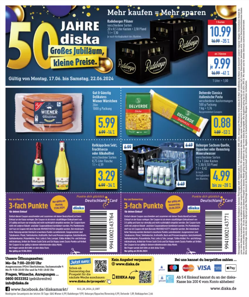 Aktueller Prospekt Diska - von 17.06 bis 22.06.2024 - strona 12 - produkty: aeg, Alwa, angebot, angebote, Astra, Bebe, Berger, buch, burger, coupon, deka, eier, eis, elle, ente, erde, flasche, guthabenkarte, italienische pasta, kraft, milch, mineralwasser, pasta, pils, pilsner, radeberger, radeberger pilsner, reis, ring, rotkäppchen, sac, Sushi, Tchibo, tee, telefon, Ti, uhr, wasser, wiener, ZTE