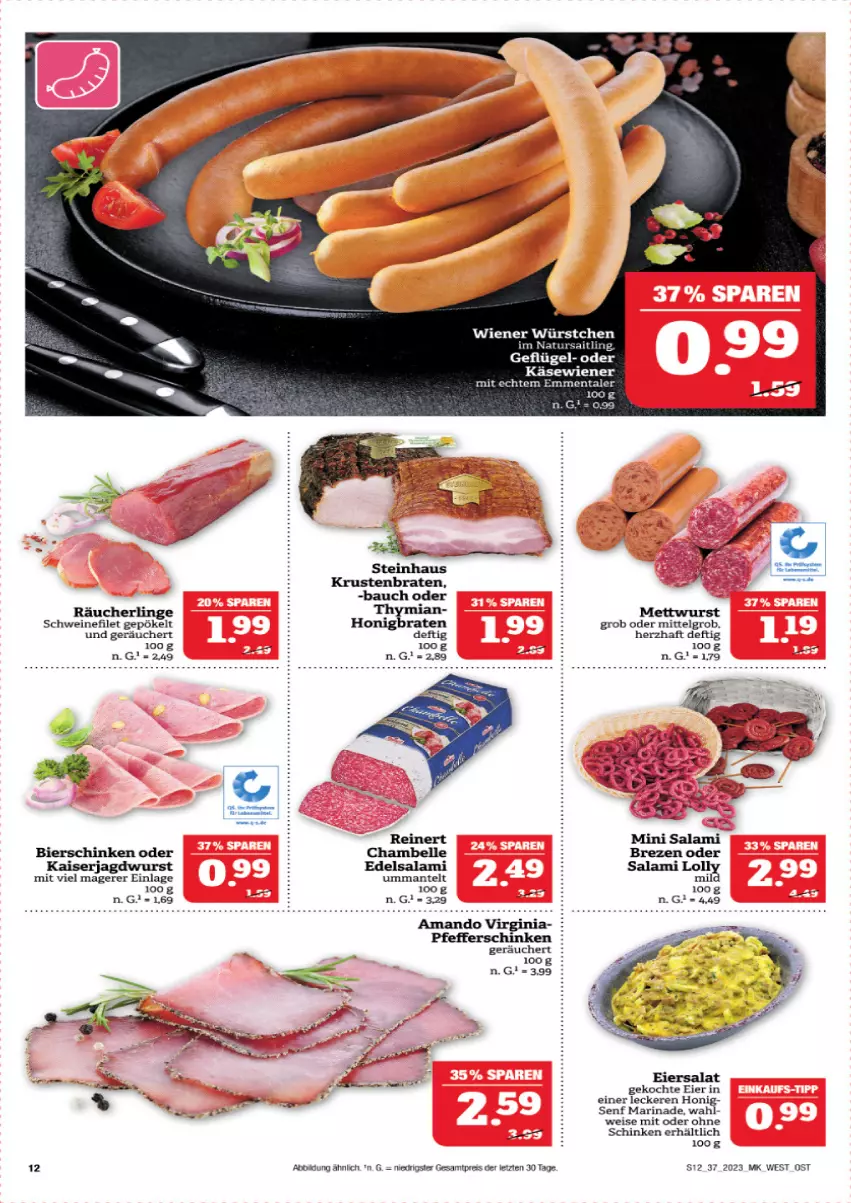 Aktueller Prospekt Marktkauf - Prospekt - von 10.09 bis 16.09.2023 - strona 13 - produkty: Bau, bier, bierschinken, braten, Edelsalami, eier, eiersalat, eis, elle, emmentaler, filet, Geflügel, gin, honig, jagdwurst, Kaiser, Käse, krustenbraten, LG, Mantel, marinade, Mett, mettwurst, natur, pfeffer, Räucherling, reinert, reis, salami, salat, schinken, schwein, schweine, schweinefilet, senf, steinhaus, Ti, wein, weine, wiener, wiener würstchen, wurst, würstchen, ZTE