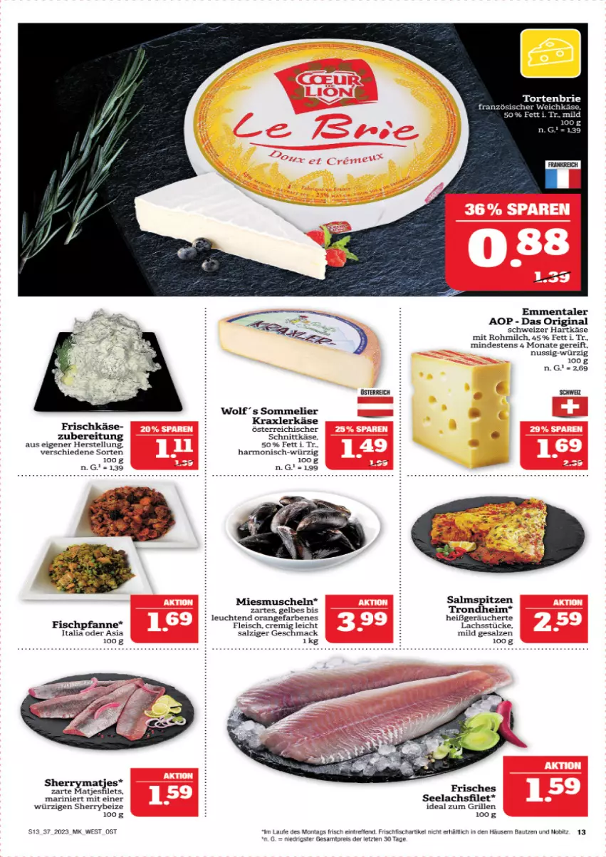 Aktueller Prospekt Marktkauf - Prospekt - von 10.09 bis 16.09.2023 - strona 14 - produkty: Bau, brie, eis, emmentaler, filet, filets, fisch, fleisch, französischer weichkäse, frischfisch, frischkäse, gin, grill, hartkäse, HP, ideal zum grillen, Käse, lachs, lachsfilet, Leuchte, leuchten, mac, matjes, Matjesfilet, matjesfilets, milch, Muscheln, nuss, orange, pfanne, reis, salz, schnittkäse, schweizer hartkäse, seelachsfilet, Ti, torte, weichkäse, ZTE