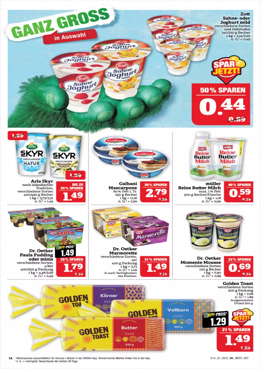 Aktueller Prospekt Marktkauf - Prospekt - von 10.09 bis 16.09.2023 - strona 15 - produkty: aktionspreis, arla, arla skyr, Becher, butter, deka, Dr. Oetker, eis, ente, flasche, galbani, golden toast, joghur, joghurt, joghurt mild, mascarpone, milch, mousse, Müller, natur, nuss, reis, rind, sahne, Skyr, Ti, toast, vanille, zott, ZTE