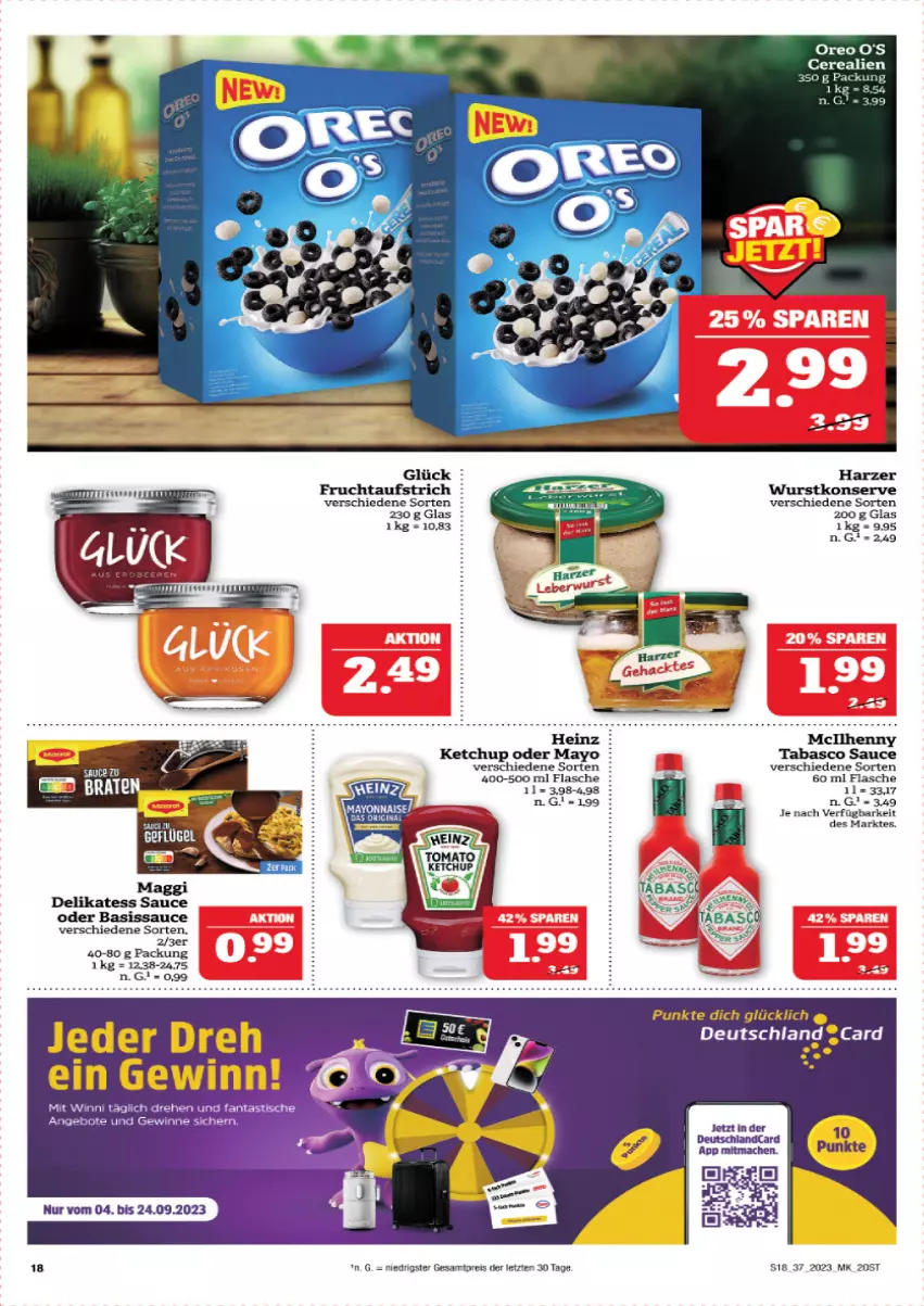 Aktueller Prospekt Marktkauf - Prospekt - von 10.09 bis 16.09.2023 - strona 19 - produkty: angebot, angebote, asti, aufstrich, cerealien, delikatess sauce, eis, fanta, flasche, frucht, fruchtaufstrich, heinz, ketchup, maggi, mayonnaise, reis, sauce, tabasco, Ti, tisch, wurst, Yo, ZTE