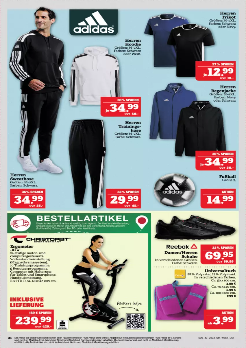 Aktueller Prospekt Marktkauf - Prospekt - von 10.09 bis 16.09.2023 - strona 37 - produkty: aust, ball, computer, eis, Fußball, Germ, hose, Jacke, pute, Reebok, reis, schuhe, smartphone, Sport, Sweathose, tablet, Ti, Trikot, tuc