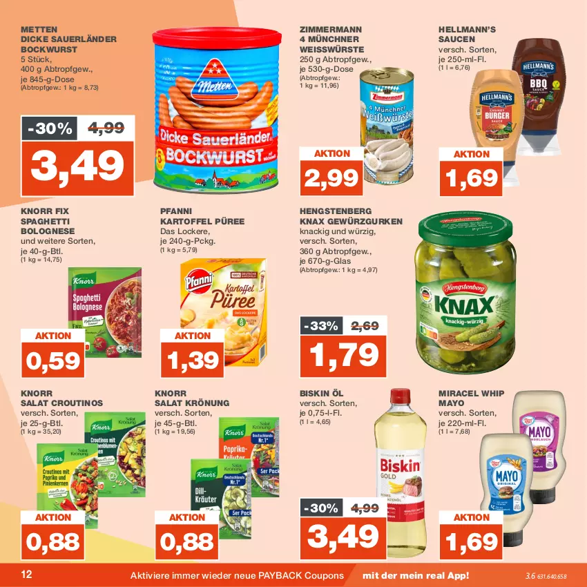 Aktueller Prospekt Real - von 31.07 bis 05.08.2023 - strona 12 - produkty: auer, bockwurst, bolognese, coupon, coupons, Dicke Sauerländer Bockwurst, eis, gewürz, Gewürzgurke, gewürzgurken, gurke, gurken, hengstenberg, kartoffel, knorr, knorr fix, Mett, metten, miracel, miracel whip, payback, pfanni, püree, salat, sauce, saucen, spaghetti, spaghetti bolognese, Ti, wurst, Yo