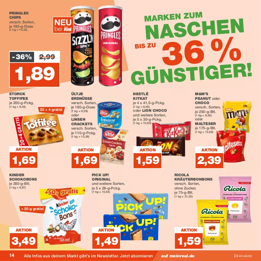 Aktueller Prospekt Real - von 31.07 bis 05.08.2023 - strona 14 - produkty: bonbons, chips, cola, erdnüsse, gin, Kinder, Kinder Schokobons, kitkat, kräuter, linsen, lion, malteser, nestlé, Pick Up!, pringles, Ricola, ring, schoko, storck, Ti, toffifee, ültje, ültje erdnüsse, zucker