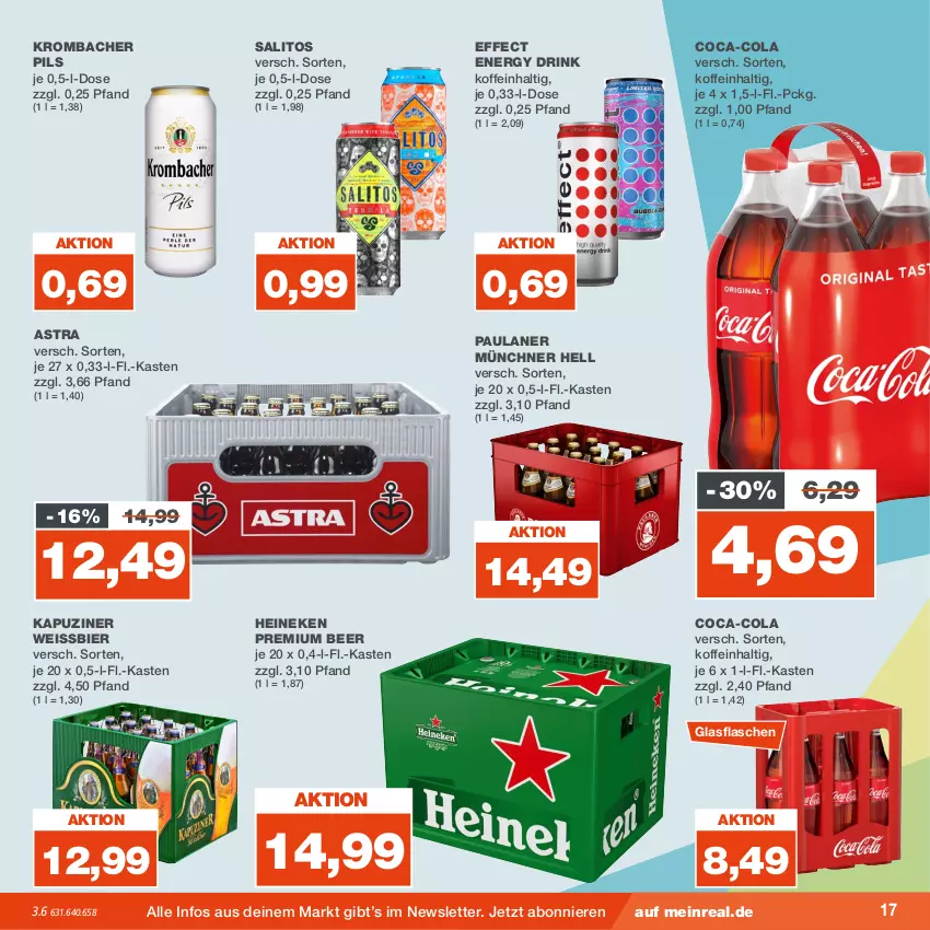 Aktueller Prospekt Real - von 31.07 bis 05.08.2023 - strona 17 - produkty: Astra, bier, coca-cola, cola, drink, Effect, eis, energy drink, flasche, glasflasche, heineken, krombache, krombacher, krombacher pils, Paula, paulaner, pils, Ti, weissbier