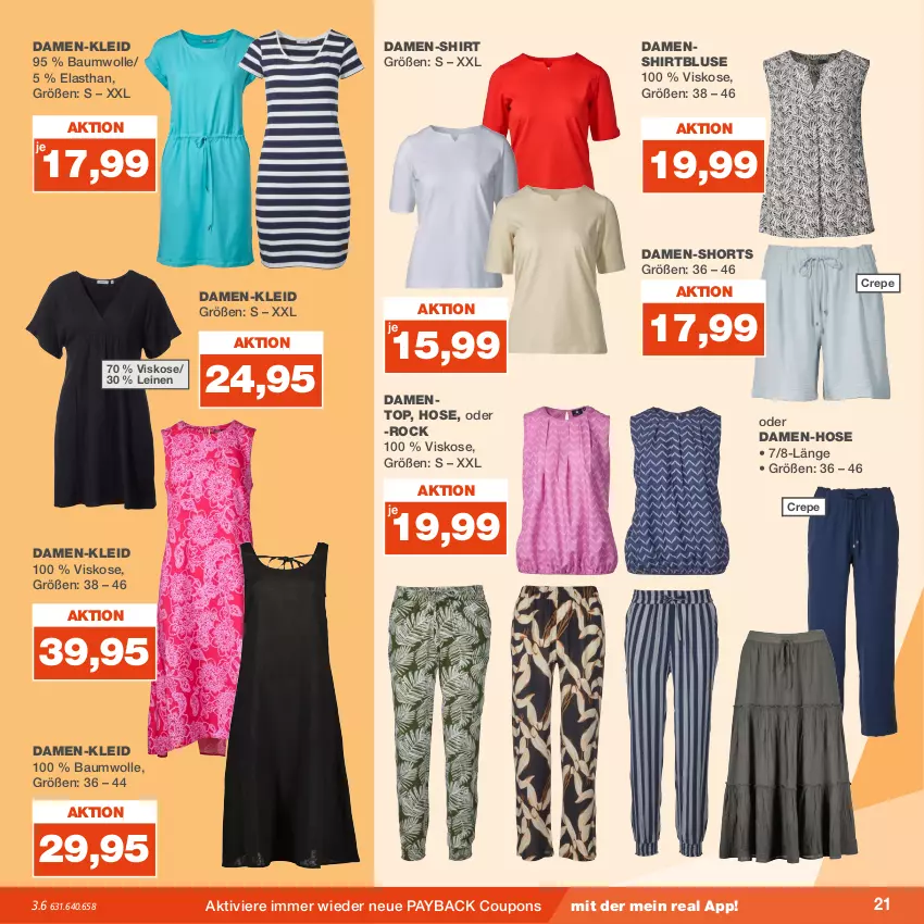 Aktueller Prospekt Real - von 31.07 bis 05.08.2023 - strona 21 - produkty: Bau, baumwolle, bluse, coupon, coupons, damen-hose, damen-shirt, hose, kleid, leine, payback, shirt, shorts, Ti, wolle