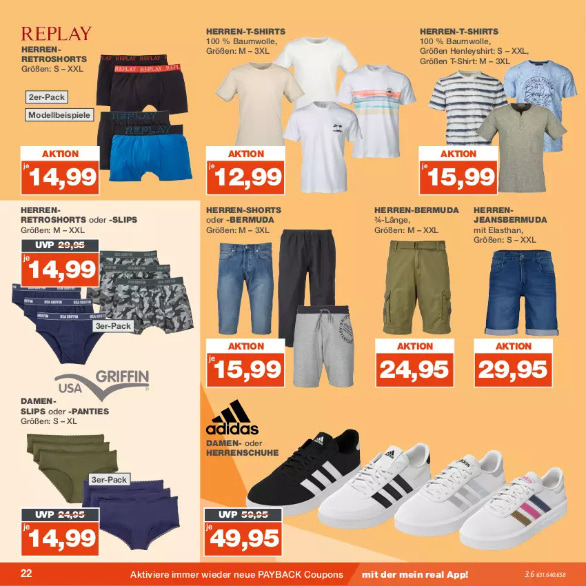 Aktueller Prospekt Real - von 31.07 bis 05.08.2023 - strona 22 - produkty: Bau, baumwolle, bermuda, coupon, coupons, dell, eis, herren-bermuda, herren-shorts, herren-t-shirt, jeans, Mode, payback, retroshorts, schuhe, shirt, shirts, shorts, slip, slips, Spiele, T-Shirt, Ti, wolle