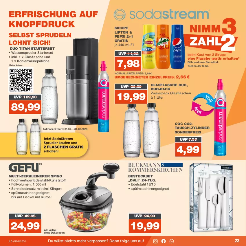 Aktueller Prospekt Real - von 31.07 bis 05.08.2023 - strona 23 - produkty: alle artikel ohne dekoration, besteck, besteckset, decke, Deckel, dekoration, edelstahl, eier, eis, flasche, glasflasche, leine, LG, lipton, pepsi, reis, sirup, Sprudel, spülmaschinen, Ti, Tiere, wasser, wassersprudler, Zerkleinerer