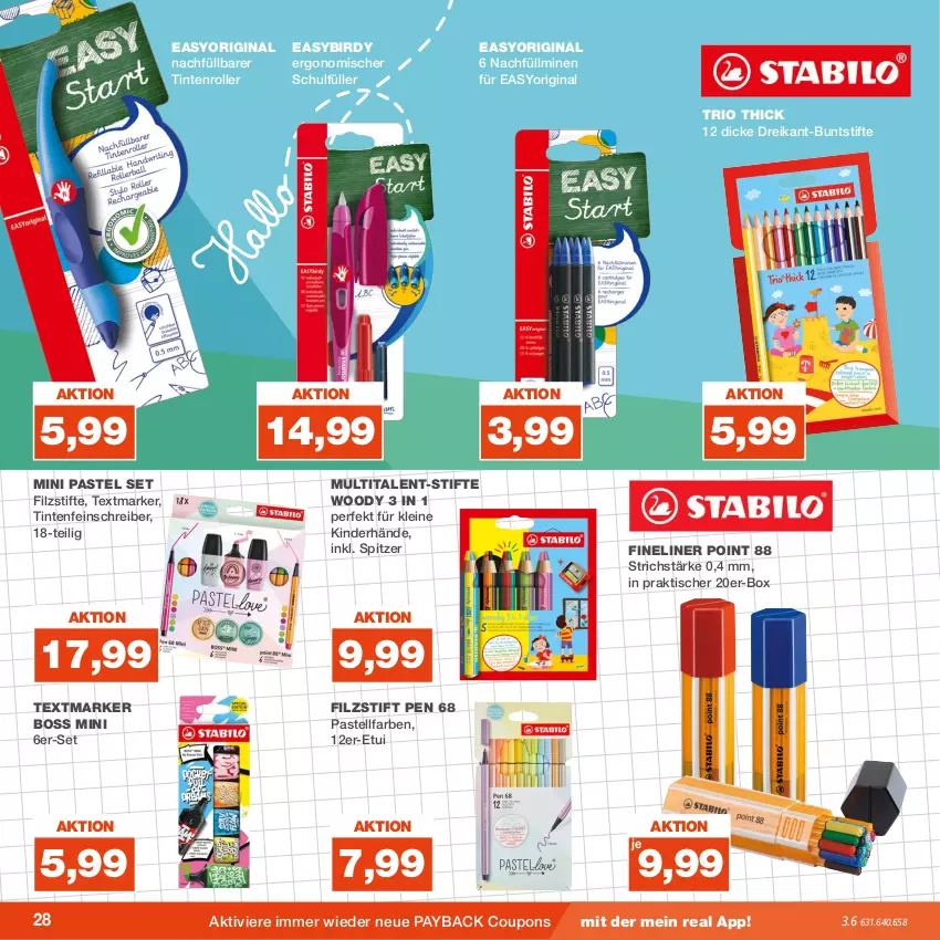 Aktueller Prospekt Real - von 31.07 bis 05.08.2023 - strona 28 - produkty: boss, buntstifte, coupon, coupons, Fineliner, gin, Kinder, leine, payback, Roller, stifte, textmarker, Ti, tisch, Yo