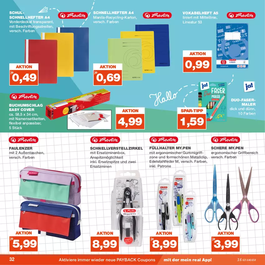 Aktueller Prospekt Real - von 31.07 bis 05.08.2023 - strona 32 - produkty: buch, Clin, coupon, coupons, decke, Deckel, edelstahl, erde, fasermaler, Füllhalter, Hefte, Kette, payback, reifen, Schere, Schnellhefter, Tasche, taschen, Ti