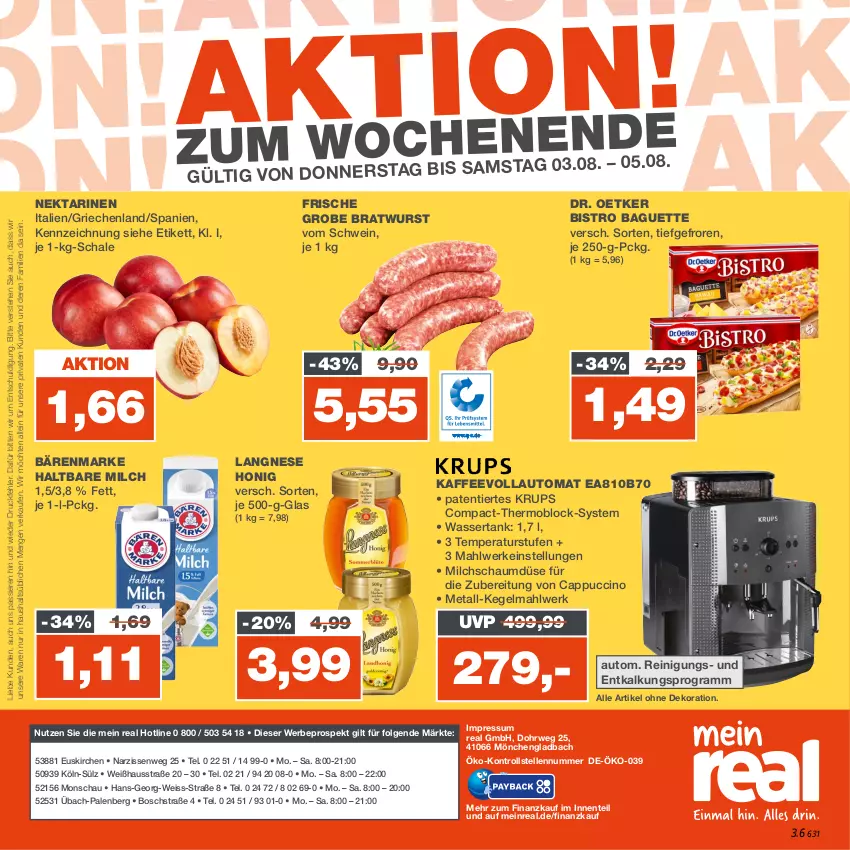 Aktueller Prospekt Real - von 31.07 bis 05.08.2023 - strona 36 - produkty: alle artikel ohne dekoration, auto, baguette, bärenmarke, Bistro Baguette, bosch, bratwurst, Cap, cappuccino, cin, dekoration, Dr. Oetker, eis, elle, ente, grobe bratwurst, haltbare milch, honig, kaffee, kaffeevollautomat, krups, langnese, LG, milch, Narzissen, Nektar, nektarinen, Reinigung, rwe, Schal, Schale, schwein, Ti, wasser, wassertank, wein, wurst