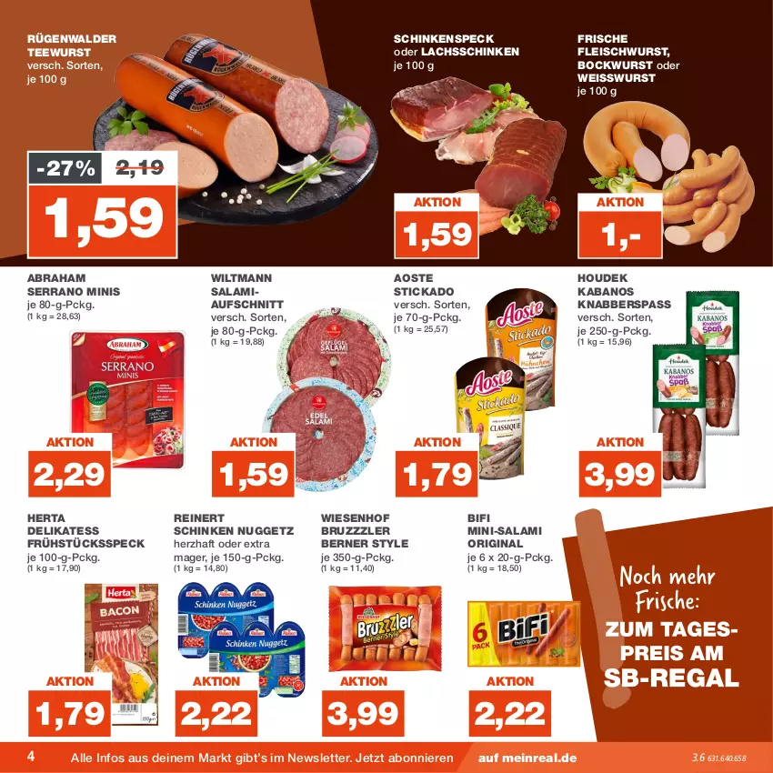 Aktueller Prospekt Real - von 31.07 bis 05.08.2023 - strona 4 - produkty: aoste stickado, aufschnitt, bifi, bockwurst, bruzzzler, eis, fleisch, fleischwurst, Frühstücksspeck, gin, herta, houdek, kabanos, lachs, lachsschinken, Mini-Salami, reinert, rügenwalder, salami, schinken, schinkenspeck, serrano, Speck, stickado, tee, teewurst, Ti, wiesenhof, wiltmann, wurst