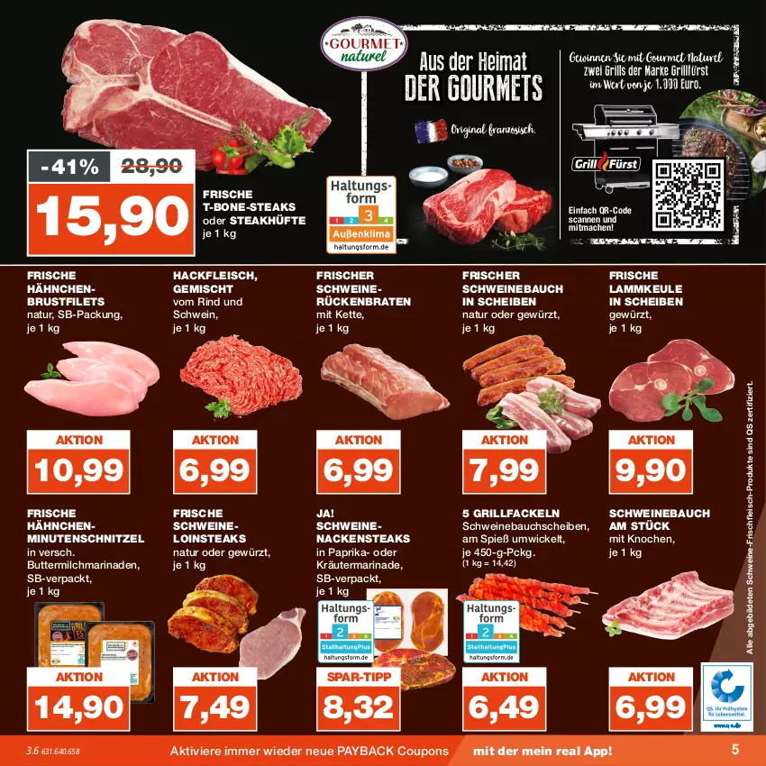 Aktueller Prospekt Real - von 31.07 bis 05.08.2023 - strona 5 - produkty: Bau, bauchscheiben, braten, brustfilet, butter, buttermilch, coupon, coupons, eis, filet, filets, fleisch, Frische Hähnchen, gewürz, grill, grillfackeln, hackfleisch, hähnchenbrust, hähnchenbrustfilet, Kette, kräuter, lamm, lammkeule, mac, marinade, milch, minutenschnitzel, Nackensteak, nackensteaks, natur, oder kräuter, paprika, payback, rind, Rückenbraten, schnitzel, schwein, schweine, Schweinebauch, schweinebauchscheiben, schweinenacken, schweinerücken, steak, steakhüfte, steaks, Ti, wein, weine, WICK