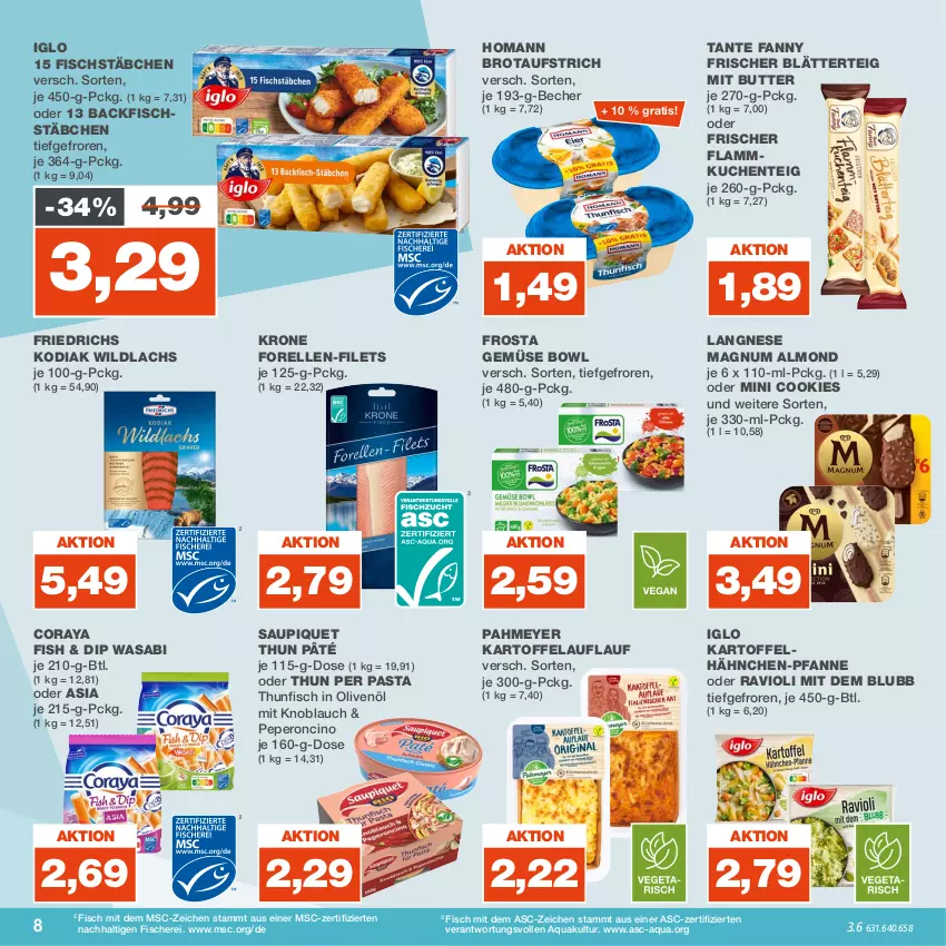 Aktueller Prospekt Real - von 31.07 bis 05.08.2023 - strona 8 - produkty: aqua, aufstrich, backfisch, Becher, blätterteig, brot, brotaufstrich, butter, cin, cookie, cookies, dip, elle, ente, filet, filets, fisch, fische, Fischer, fischstäbchen, flammkuchen, Flammkuchenteig, forelle, frosta, homann, iglo, in olivenöl, kartoffel, knoblauch, krone, kuchen, lachs, lamm, langnese, magnum, mit knoblauch, olive, oliven, olivenöl, pasta, pfanne, ravioli, rel, saupiquet, Schere, tante fanny, thunfisch, Ti, wasa, Wild, wildlachs