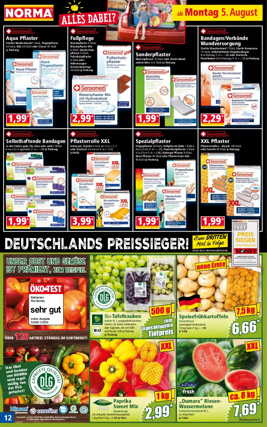 Aktueller Prospekt Norma - Norma - von 05.08 bis 12.08.2024 - strona 12 - produkty: aqua, asti, binden, bio, Blasenpflaster, eis, erde, Frühkartoffeln, Gewächshaus, hühner, kartoffel, kartoffeln, LG, melone, Nektar, nektarinen, obst, Obst und Gemüse, paprika, pflaster, reifen, reis, reiss, ring, sac, speisefrühkartoffeln, Spezi, tafeltrauben, Ti, tiefpreis, tisch, trauben, und gemüse, wasser, wassermelone