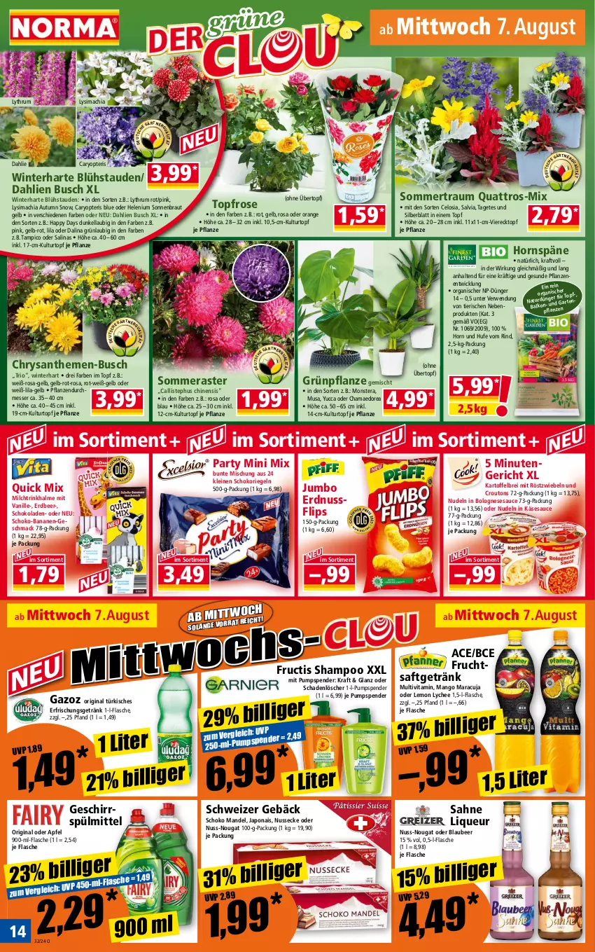 Aktueller Prospekt Norma - Norma - von 05.08 bis 12.08.2024 - strona 14 - produkty: apfel, banane, bananen, Blaubeer, bolognese, Brei, chia, chrysanthemen, croutons, dahlie, dünger, erdnuss, erfrischungsgetränk, flasche, frucht, fruchtsaft, fruchtsaftgetränk, fructis, Garten, geschirr, geschirrspülmittel, getränk, gin, hama, Happy Day, jumbo, kartoffel, kartoffelbrei, Käse, kraft, kulturtopf, leine, liqueur, mac, mandel, mango, maracuja, messer, milch, mit röstzwiebeln, monster, Monstera, natur, nudel, nudeln, nuss, orange, pflanze, pflanzen, riegel, rind, röstzwiebeln, rum, rwe, saft, sahne, sauce, schoko, schokolade, schokoladen, schokoriegel, shampoo, sim, spülmittel, stauden, Ti, topf, Trinkhalme, übertopf, vanille, vita, WICK, Yo, zwiebel, zwiebeln