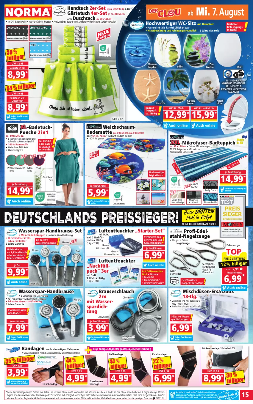 Aktueller Prospekt Norma - Norma - von 05.08 bis 12.08.2024 - strona 15 - produkty: aqua, Bad, badematte, badetuch, badteppich, Bau, baumwolle, Bebe, blume, blumen, Blüte, braun, brause, brauseschlauch, Cif, duschtuch, edelstahl, eis, elle, Garten, gästetuch, gin, handbrause, handtuch, HP, kirsch, kraft, lavendel, LG, lorenz, Luftentfeuchter, mars, mikrofaser, Nagelzange, ndk, passend für alle, Reinigung, reis, reiss, Ria, rwe, Saunatuch, schaumbad, schlauch, teppich, Ti, tuc, wandhalterung, wasser, wc-sitz, wolle, zitrone, zitronen, ZTE