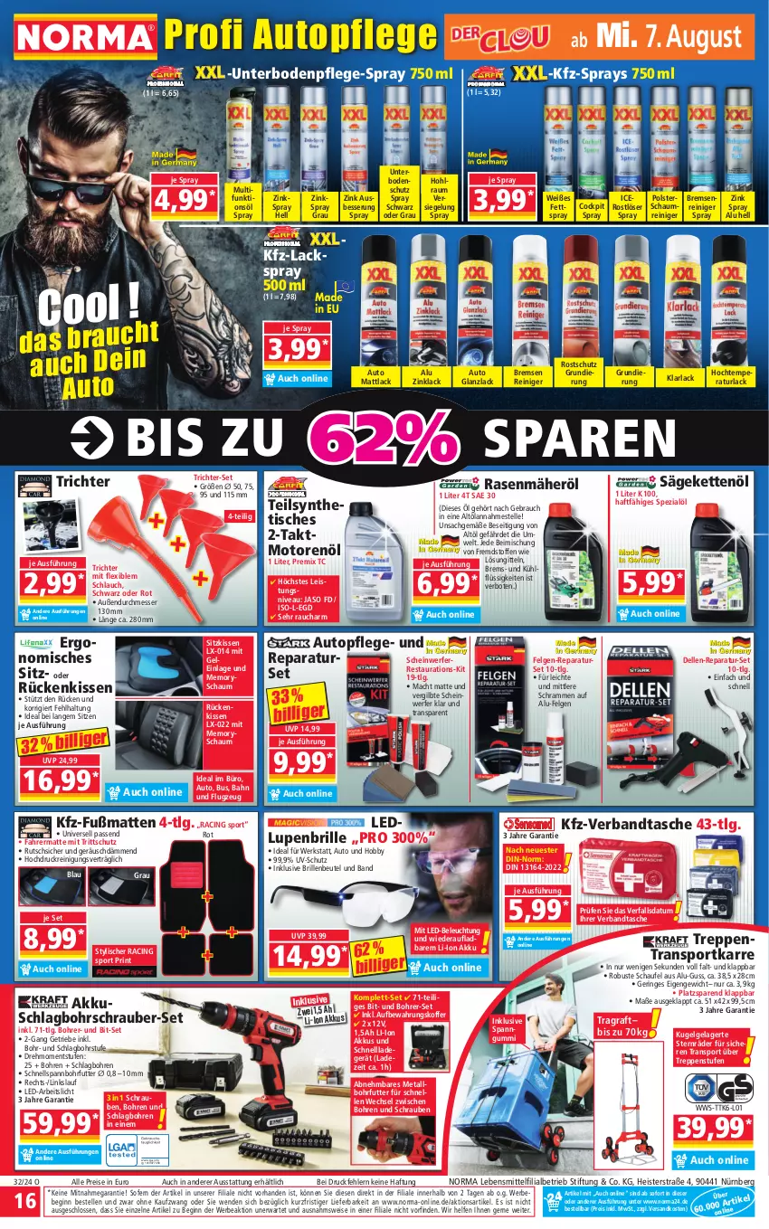 Aktueller Prospekt Norma - Norma - von 05.08 bis 12.08.2024 - strona 16 - produkty: akku, arla, aufbewahrungskoffer, auto, beleuchtung, beutel, Bohrer-Set, Bohrschrauber, Brille, cin, dell, eis, elle, felgen, Fußmatte, gin, Hobby, Kette, kissen, koffer, Kugel, lack, ladegerät, lebensmittel, led-beleuchtung, LG, mac, messer, mit led-beleuchtung, ndk, nivea, rasen, rasenmäher, Rauch, reiniger, Reinigung, reis, ring, Rückenkissen, sac, säge, schlauch, schnellladegerät, schrauben, sitzkissen, Spezi, Sport, Tasche, Ti, tisch, topf, transportkarre, usb, uv-schutz