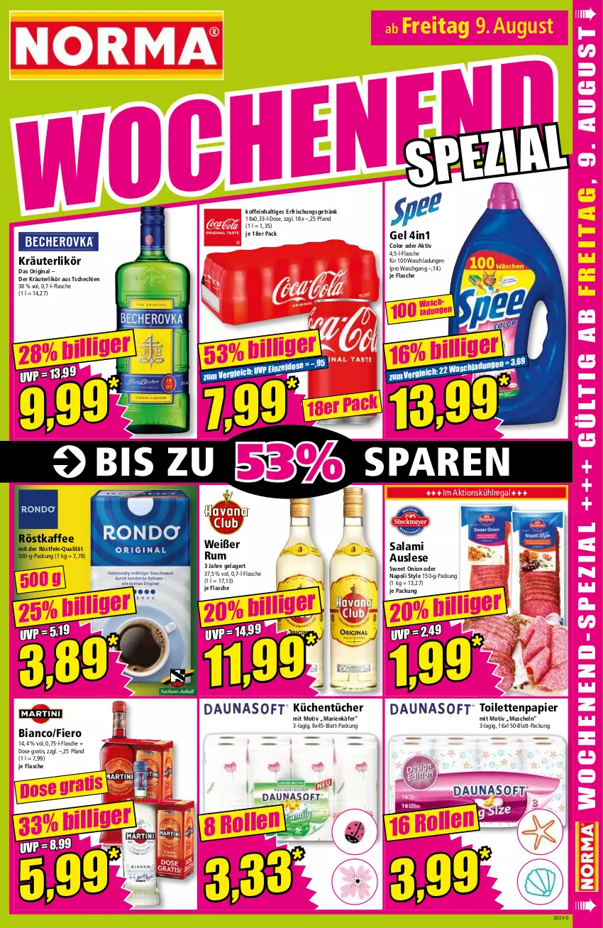 Aktueller Prospekt Norma - Norma - von 05.08 bis 12.08.2024 - strona 17 - produkty: erfrischungsgetränk, flasche, getränk, gin, käfer, kaffee, kräuter, kräuterlikör, küche, Küchen, küchentücher, kühlregal, likör, Muscheln, papier, regal, röstkaffee, rum, salami, Ti, toilettenpapier, tücher