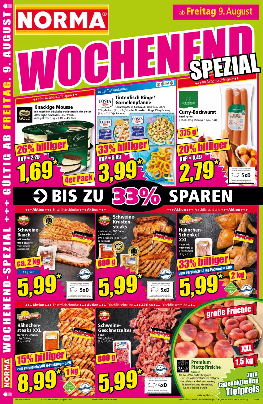 Aktueller Prospekt Norma - Norma - von 05.08 bis 12.08.2024 - strona 18 - produkty: after eight, Bau, Becher, bockwurst, butter, curry, eis, fisch, fleisch, frucht, fruchtfleisch, garnelen, geschnetzeltes, hähnchenschenkel, Hähnchensteak, hähnchensteaks, henkel, Knackige Mousse, knoblauch, kräuter, kräuterbutter, lebensmittel, marmelade, mousse, natur, paprika, pfanne, pfirsich, pfirsiche, plattpfirsiche, regal, reis, ring, saft, sahne, Schal, Schale, schenkel, schoko, schokolade, schokoladen, schwein, schweine, Schweinebauch, smoothie, smoothies, snack, steak, steaks, Ti, tiefpreis, tisch, vanille, wein, weine, Weißwein, weißwein-, wurst, Yo, Zelt