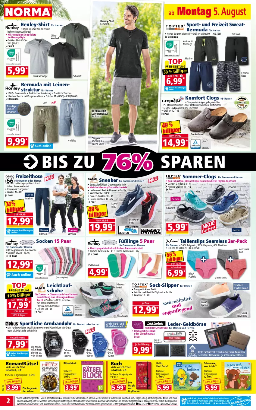 Aktueller Prospekt Norma - Norma - von 05.08 bis 12.08.2024 - strona 2 - produkty: Armband, Armbanduhr, Bau, baumwolle, Bebe, bermuda, braun, buch, Clogs, decksohle, dell, eis, Elan, elle, ente, Füßlinge, Geldbörse, gin, hose, Hylo, Laufschuhe, leine, LG, Liege, mint, Mode, ndk, olive, reine baumwolle, reis, Ria, rind, rwe, schuhe, shirt, slip, Slipper, slips, sneaker, socken, Spiele, Sport, Taillenslip, Tasche, taschen, Ti, tisch, uhr, wolle, ZTE