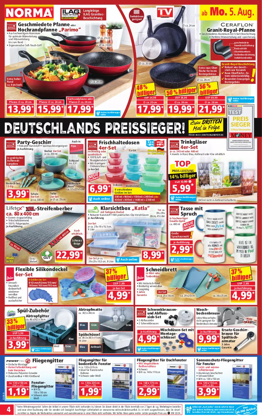 Aktueller Prospekt Norma - Norma - von 05.08 bis 12.08.2024 - strona 4 - produkty: armatur, armaturen, auer, Bebe, Becher, beere, besteck, besteck-set, brause, decke, Deckel, eis, elle, erdbeere, fenster, fliegengitter, frischhaltedosen, geschirr, gin, Gläser, ilag, Klarsichtbox, LG, Liege, maille, Meister, mint, ndk, pfanne, quad, reifen, reis, reiss, rwe, Schal, Schale, schüssel, snack, snacks, sonnenschutz, spülmaschinen, tasse, teller, Ti, Tiere, tisch, waldmeister, waschbecken, wasser, ZTE