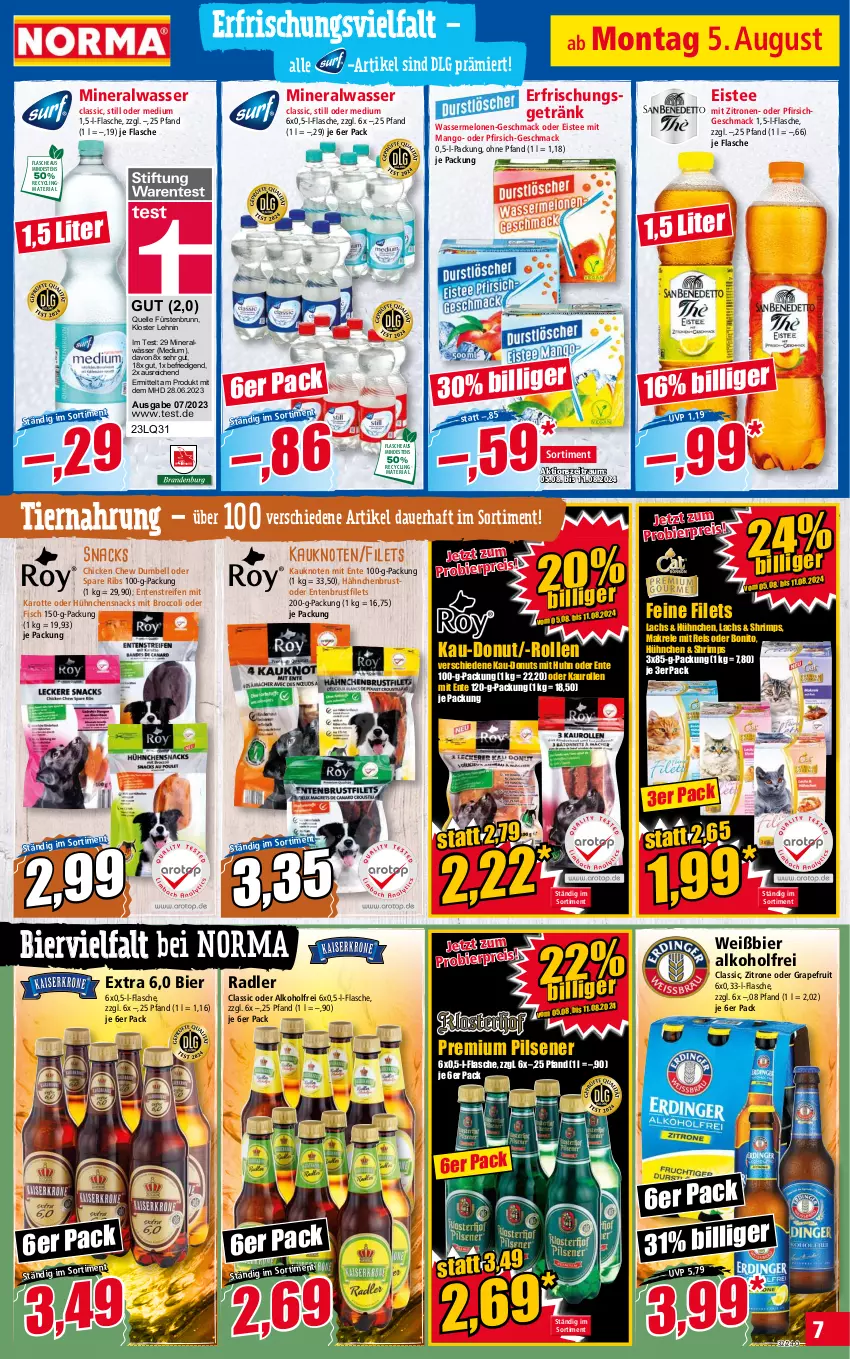 Aktueller Prospekt Norma - Norma - von 05.08 bis 12.08.2024 - strona 7 - produkty: alkohol, Alwa, auer, bier, broccoli, brustfilet, Clin, Donut, donuts, eis, eistee, elle, ente, Entenbrust, erfrischungsgetränk, filet, filets, fisch, flasche, getränk, grapefruit, hähnchenbrust, lachs, LG, mac, Makrele, mango, melone, melonen, mineralwasser, Mineralwasser Classic, pfirsich, pils, pilsener, premium pils, radler, recyclingmaterial, reifen, reis, rel, Ria, snack, snacks, spare ribs, tee, Ti, tiernahrung, wasser, wassermelone, wassermelonen, zitrone, zitronen