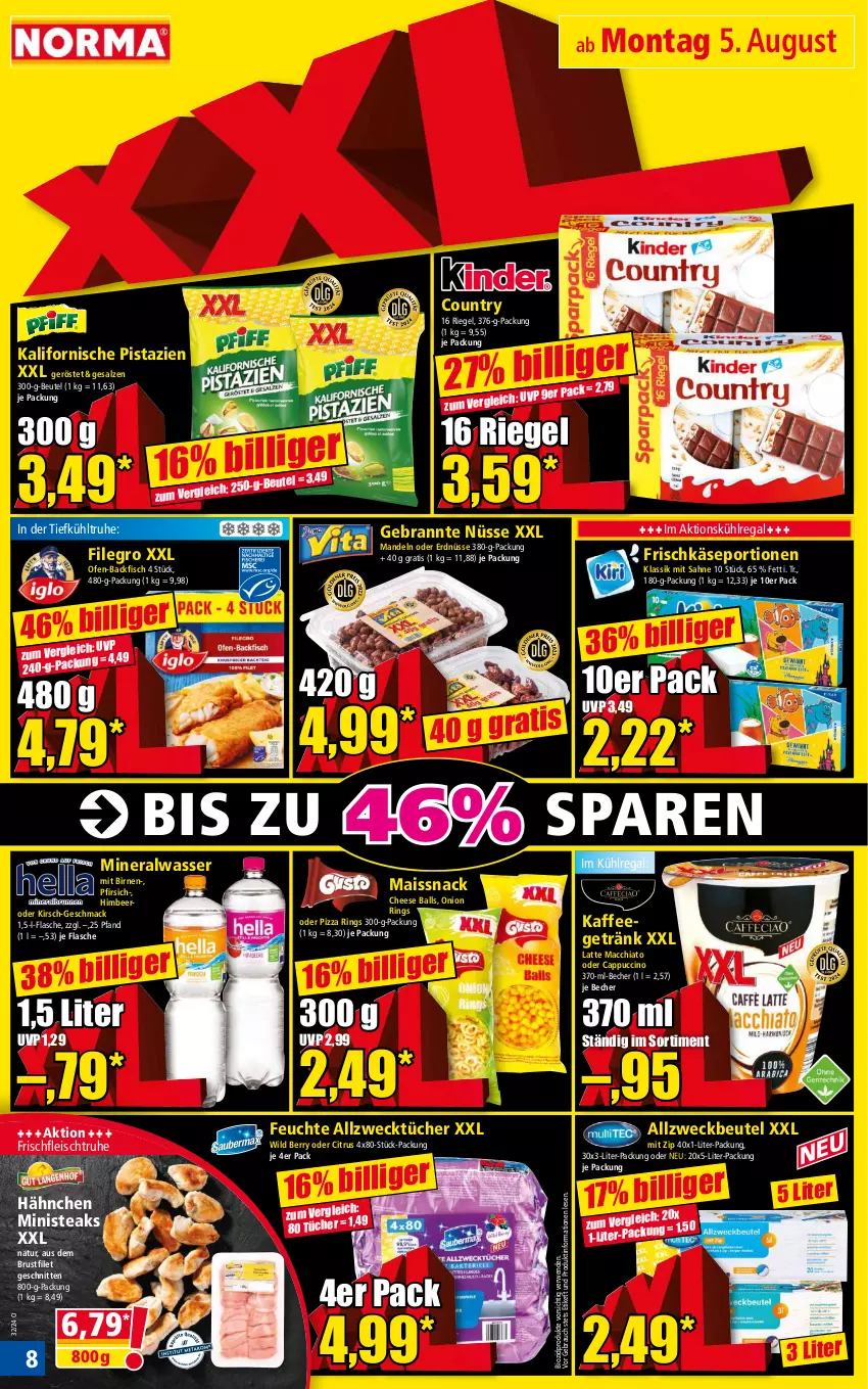 Aktueller Prospekt Norma - Norma - von 05.08 bis 12.08.2024 - strona 8 - produkty: ACC, Allzweckbeutel, Allzwecktücher, Alwa, backfisch, ball, Becher, beutel, bio, biozidprodukte, Birnen, brustfilet, Cap, cappuccino, chia, cin, citrus, eis, erdnüsse, filegro, filet, fisch, flasche, fleisch, frischkäse, getränk, himbeer, kaffee, Käse, kirsch, kühlregal, latte, latte macchiato, mac, macchiato, mais, mandel, mandeln, mineralwasser, natur, oder cappuccino, Ofen, ofen-backfisch, pfirsich, pistazien, pizza, Rauch, regal, riegel, ring, rwe, sahne, salz, schnitten, snack, steak, steaks, Ti, tücher, wasser, weck, Wild, wild berry