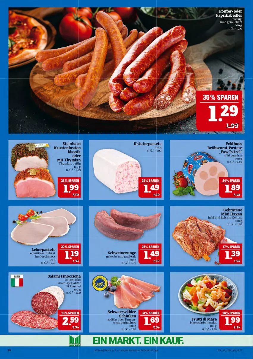 Aktueller Prospekt Marktkauf - Prospekt - von 04.05 bis 10.05.2025 - strona 16 - produkty: axe, braten, Brühwurst, eis, fenchel, früchte, frutti di mare, gewürz, Haxe, kräuter, krustenbraten, mac, meeresfrüchte, nuss, pastete, Paw Patrol, pfeffer, reis, salami, salat, schinken, schwarzwälder schinken, schwein, schweine, Schweinezunge, Spezi, steinhaus, tesa, Ti, wein, weine, wurst