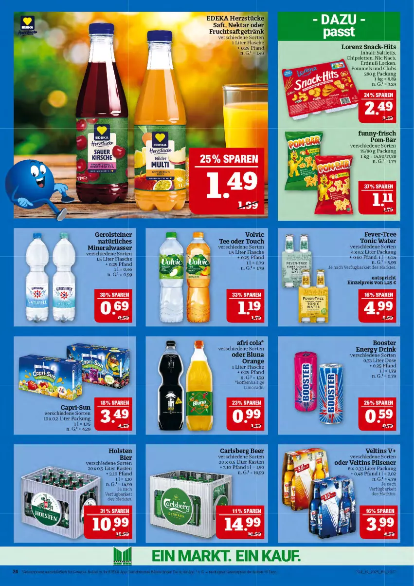 Aktueller Prospekt Marktkauf - Prospekt - von 04.05 bis 10.05.2025 - strona 24 - produkty: Afri Cola, Alwa, bier, Cap, capri-sun, carlsberg, carlsberg beer, chips, cola, deka, drink, eis, energy drink, fever-tree, flasche, funny-frisch, gerolsteine, gerolsteiner, holsten, kirsch, kirsche, limo, limonade, lorenz, mineralwasser, natürliches mineralwasser, nic nac's, nuss, orange, pils, pilsener, pom-bär, Pommels, reis, saltletts, snack, steiner, tee, Ti, tonic, tonic water, veltins, veltins pilsener, volvic, wasser, ZTE