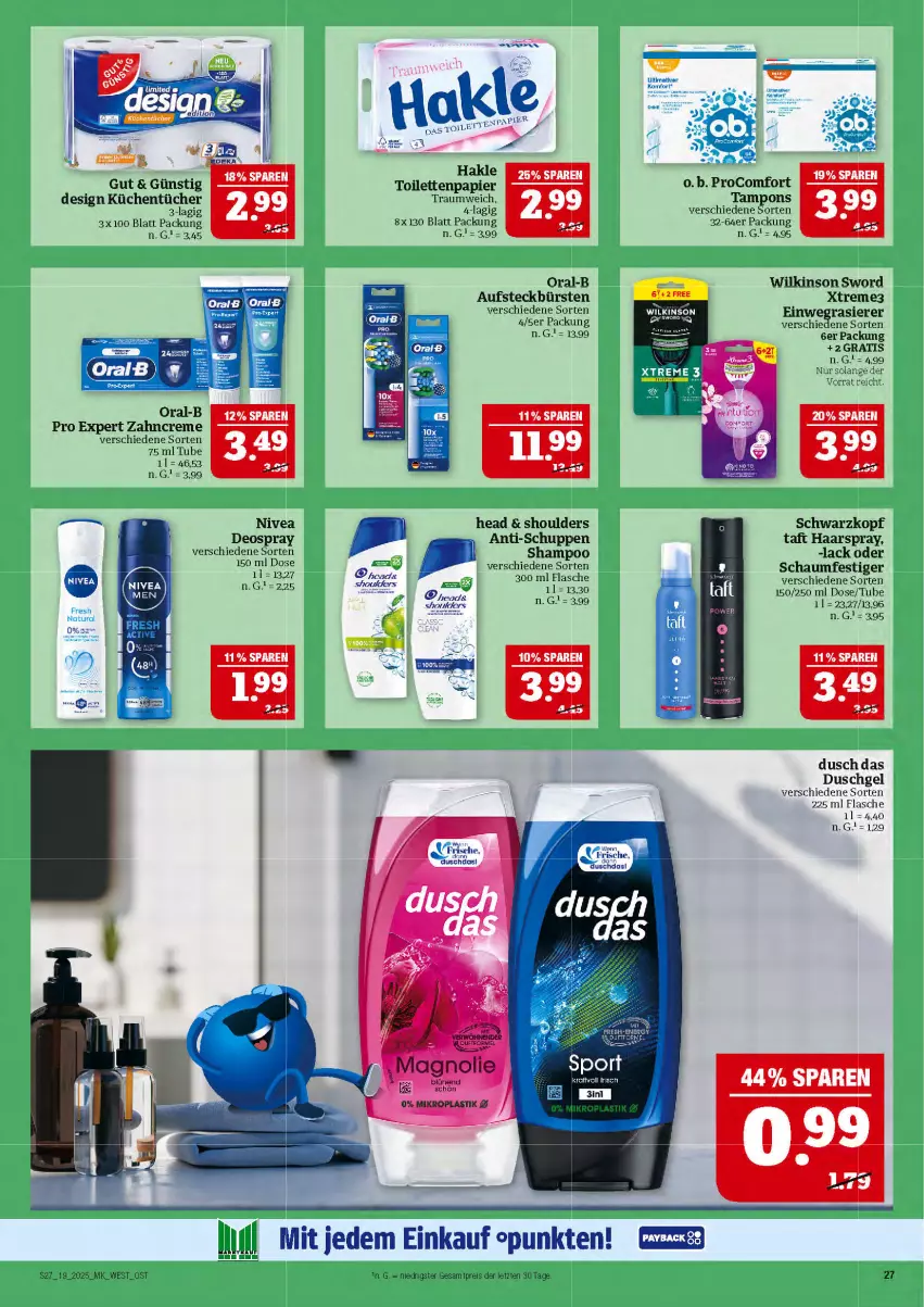 Aktueller Prospekt Marktkauf - Prospekt - von 04.05 bis 10.05.2025 - strona 27 - produkty: aufsteckbürsten, bürste, bürsten, creme, deo, deospray, duschgel, einwegrasierer, eis, flasche, haarspray, kraft, küche, Küchen, küchentücher, lack, nivea, O.b., oder schaumfestiger, oral-b, papier, procomfort, rasierer, reis, schaumfestiger, schwarzkop, schwarzkopf, shampoo, Taft, Tampon, tampons, Ti, toilettenpapier, tücher, wilkinson, zahncreme, ZTE