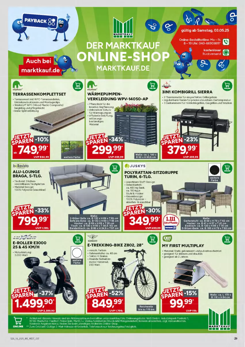 Aktueller Prospekt Marktkauf - Prospekt - von 04.05 bis 10.05.2025 - strona 29 - produkty: Bank, beistelltisch, E-Roller, eis, ente, esstisch, Garten, gartenstuhl, gasgrill, grill, hocker, Holz, holzkohle, holzkohlegrill, HP, kissen, kleid, Kleidung, Kohlegrill, latte, LG, Ria, Roller, Sofa, stuhl, Ti, tisch, tischplatte, Tischplatten, uhr