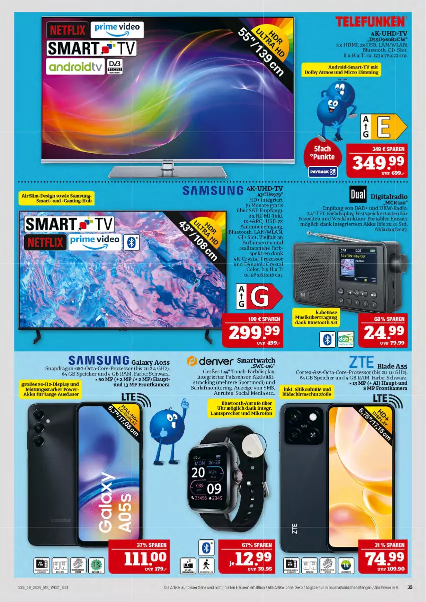 Aktueller Prospekt Marktkauf - Prospekt - von 04.05 bis 10.05.2025 - strona 35 - produkty: akku, deo, eis, frontkamera, HDMI, herta, kamera, monitor, Nuance, Radio, reis, ring, Samsung, smartwatch, Sport, telefunken, tft-farbdisplay, Ti, uhd, UHD-TV, usb, weck