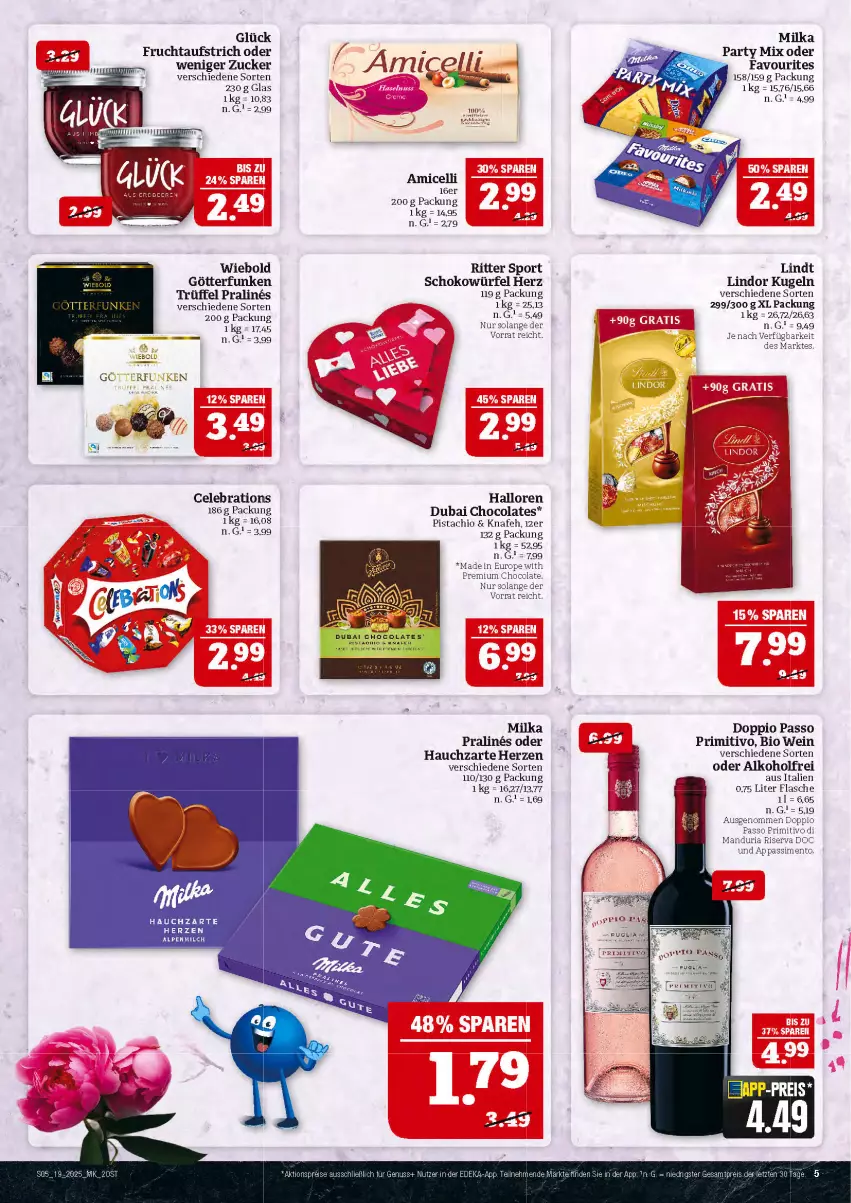 Aktueller Prospekt Marktkauf - Prospekt - von 04.05 bis 10.05.2025 - strona 5 - produkty: alkohol, amicelli, aufstrich, bio, cola, deka, doppio passo, flasche, frucht, fruchtaufstrich, Kugel, lindor, lindt, milka, nuss, passo, primitivo, rel, Ria, riserva, ritter, ritter sport, schoko, schokowürfel, sim, Sport, Ti, Trüffel, wein, würfel, zucker