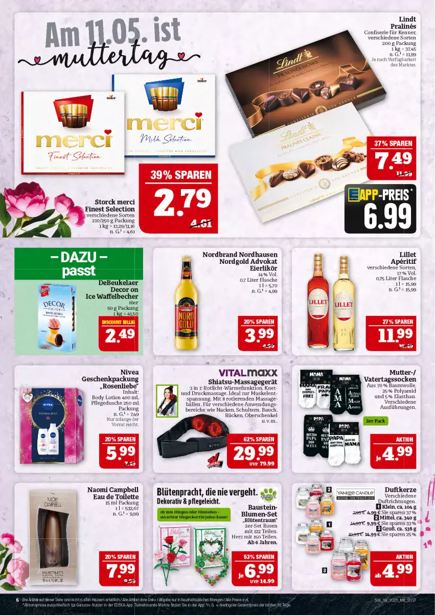 Aktueller Prospekt Marktkauf - Prospekt - von 04.05 bis 10.05.2025 - strona 6 - produkty: aperitif, Bau, baumwolle, Becher, blume, blumen, Blüte, body, body lotion, debeukelaer, decor, dusche, eier, eierlikör, flasche, geschenkpackung, Hefe, henkel, kerze, likör, lillet, lindt, Lotion, Massagegerät, merci, Naomi Campbell, nordbrand, pflegedusche, rosen, schenkel, socken, storck, Ti, Tiere, vita, wolle