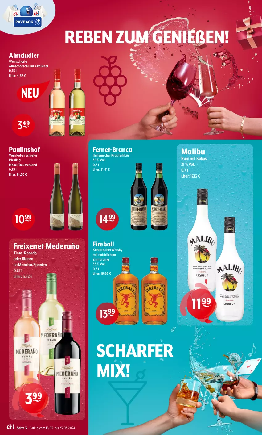 Aktueller Prospekt Getraenke Hoffmann - Prospekte - von 18.03 bis 23.03.2024 - strona 3 - produkty: almdudler, ball, Fernet, freixenet, kokos, kräuter, kräuterlikör, likör, Malibu, riesling, rum, schorle, Ti, wein, weinschorle, whisky