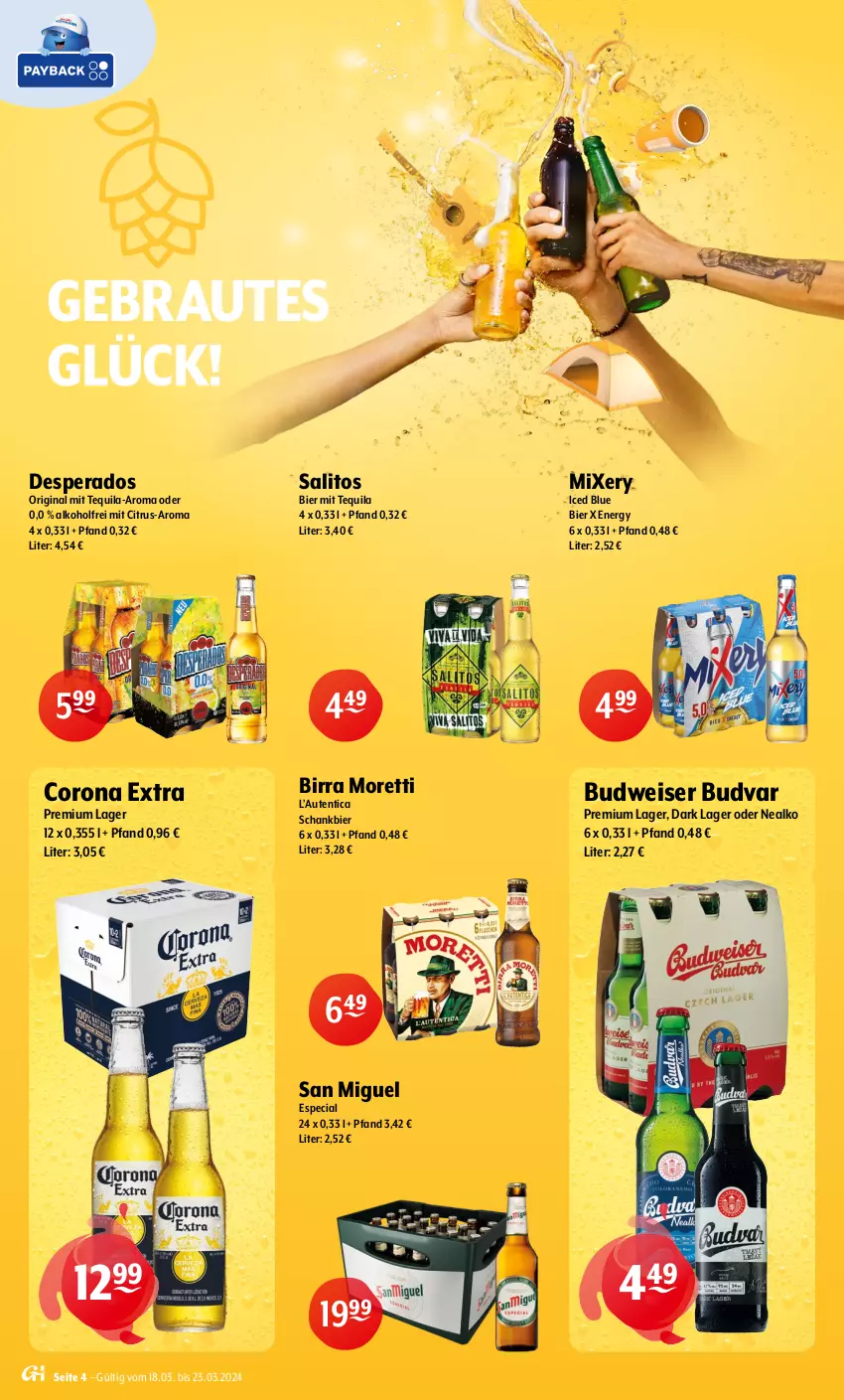 Aktueller Prospekt Getraenke Hoffmann - Prospekte - von 18.03 bis 23.03.2024 - strona 4 - produkty: alkohol, bier, budweiser, citrus, corona, corona extra, desperados, eis, gin, Mixer, mixery, Moretti, Schankbier, tequila, Ti