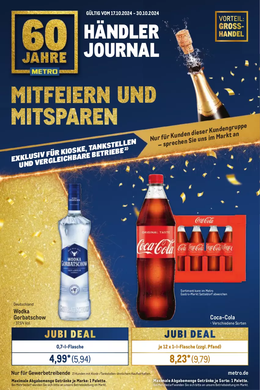 Aktueller Prospekt Metro - Händler Journal - von 17.10 bis 30.10.2024 - strona 1 - produkty: coca-cola, cola, elle, flasche, getränk, getränke, Gorbatschow, Metro, metro gastro, Palette, sattel, Ti, wodka